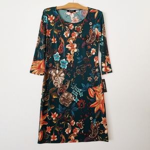 Glamour Floral 3/4 Sleeve Shift Dress Paisley Green Orange